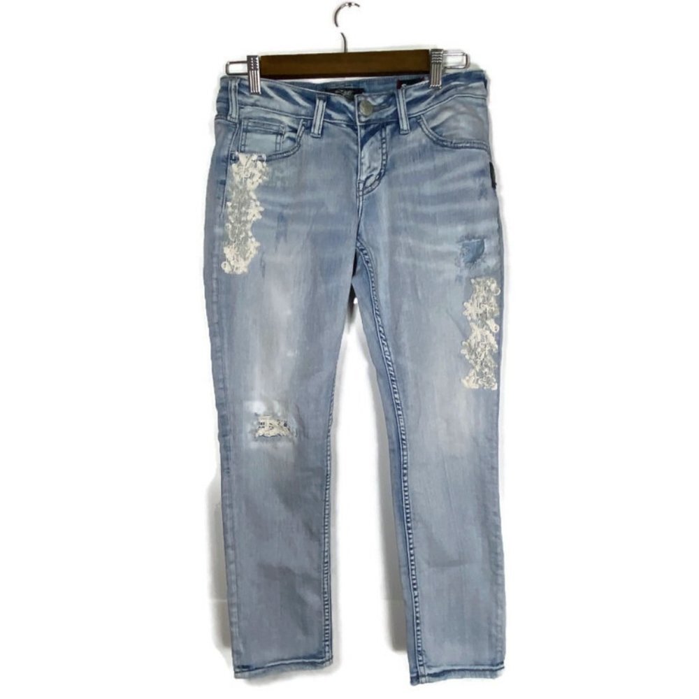Silver Jeans Boyfriend Fit Sz 25 X 25 Cropped Distressed Lace Light Wash Stretch